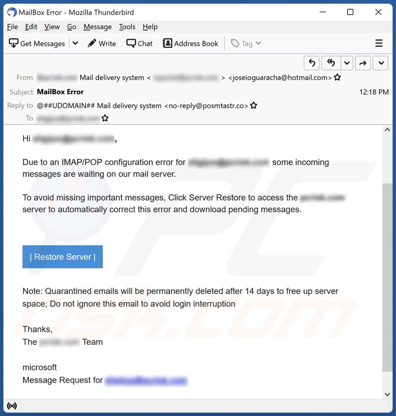 IMAP/POP Configuration Error email spam campaign