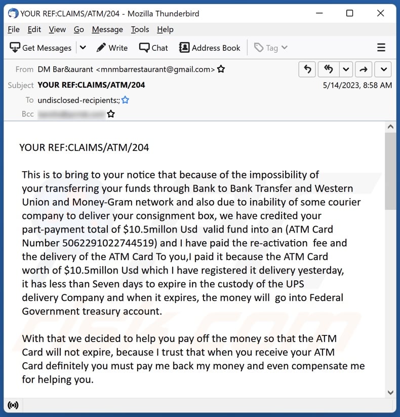 Impossibility Of Your Transferring Your Funds email spam campaign