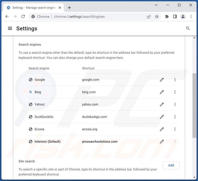 Removing prosearchsolutionz.com from Google Chrome default search engine