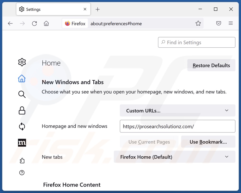 Removing prosearchsolutionz.com from Mozilla Firefox homepage