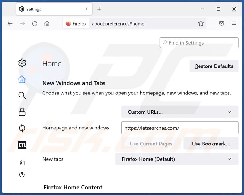 Removing letsearches.com from Mozilla Firefox homepage