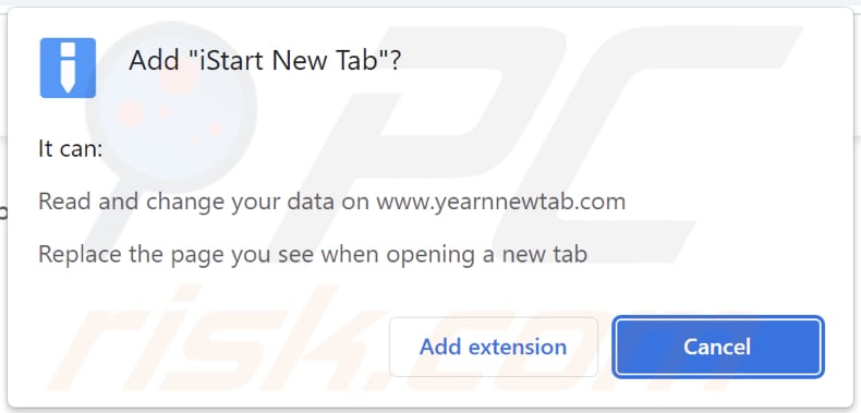 iStart New Tab browser hijacker asking for permissions