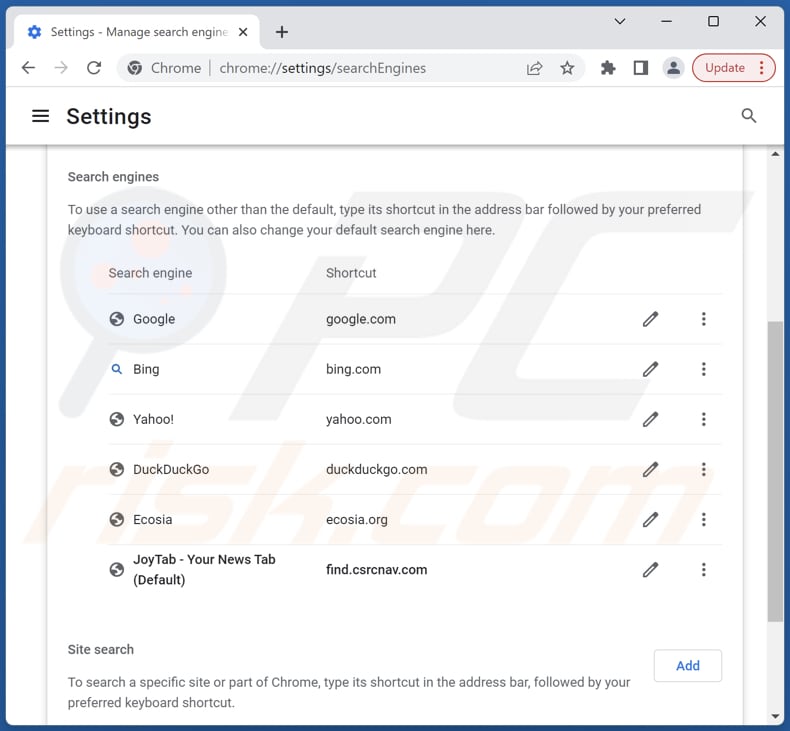 Removing find.csrcnav.com from Google Chrome default search engine