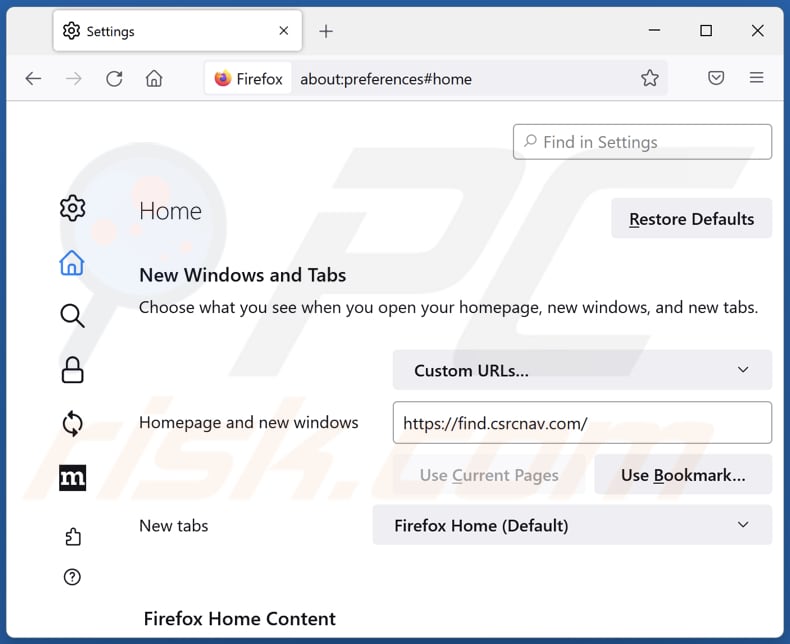 Removing find.csrcnav.com from Mozilla Firefox homepage