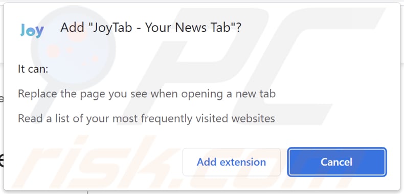 JoyTab - Your News Tab browser hijacker asking for permissions