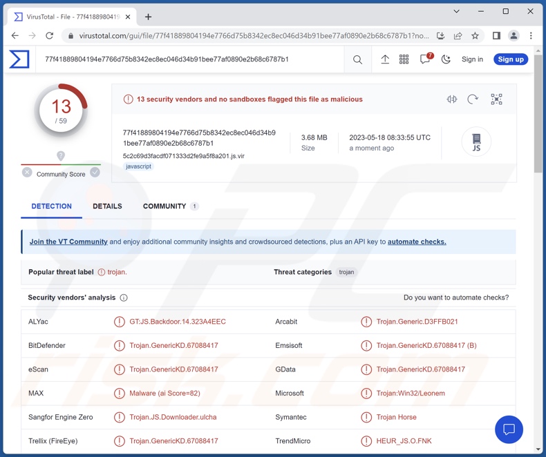 JSOutProx malware detections on VirusTotal