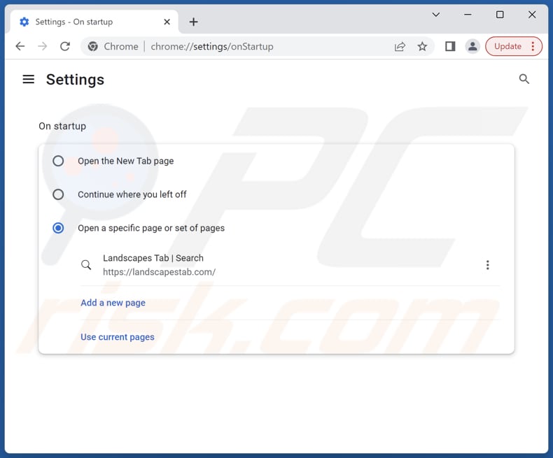 Removing landscapestab.com from Google Chrome homepage
