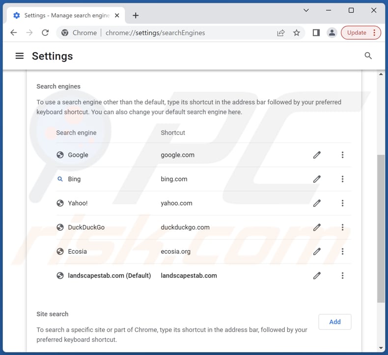 Removing landscapestab.com from Google Chrome default search engine