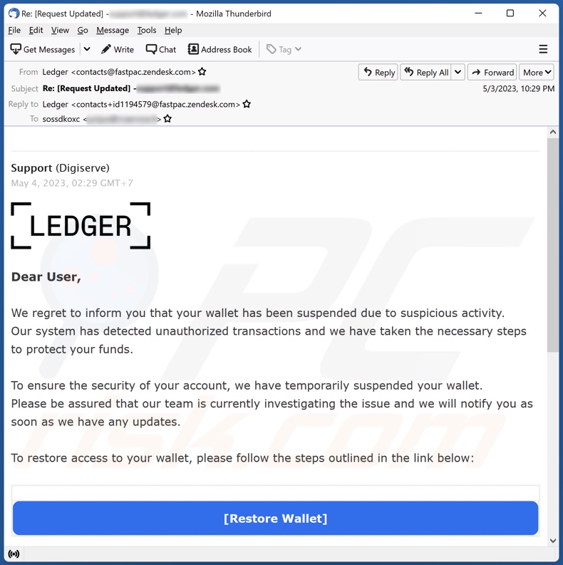 Ledger Wallet Has Been Suspended Due To Suspicious Activity email spam campaign