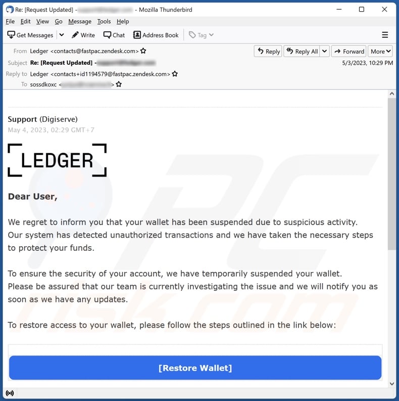 Ledger Wallet Has Been Suspended Due To Suspicious Activity email spam campaign