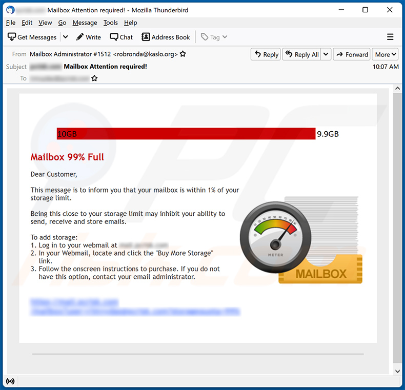 Mailbox 99% Full scam email