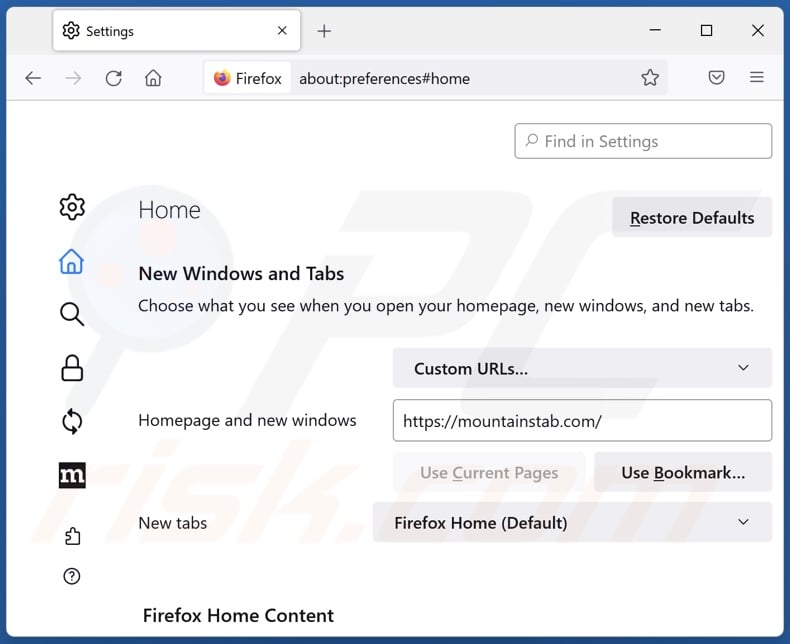 Removing mountainstab.com from Mozilla Firefox homepage