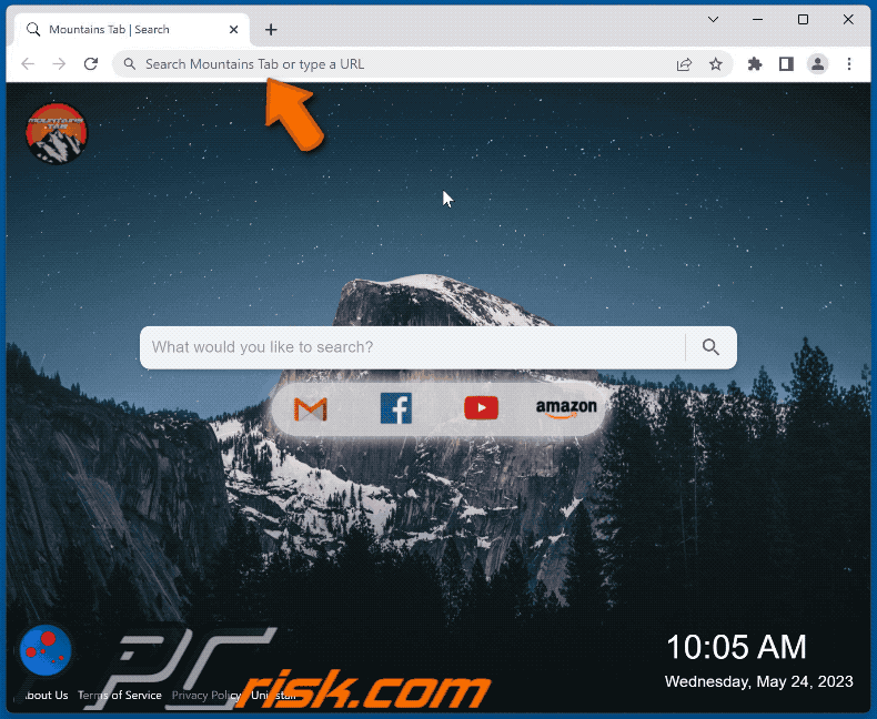 Mountains Tab browser hijacker redirecting to Bing (GIF)