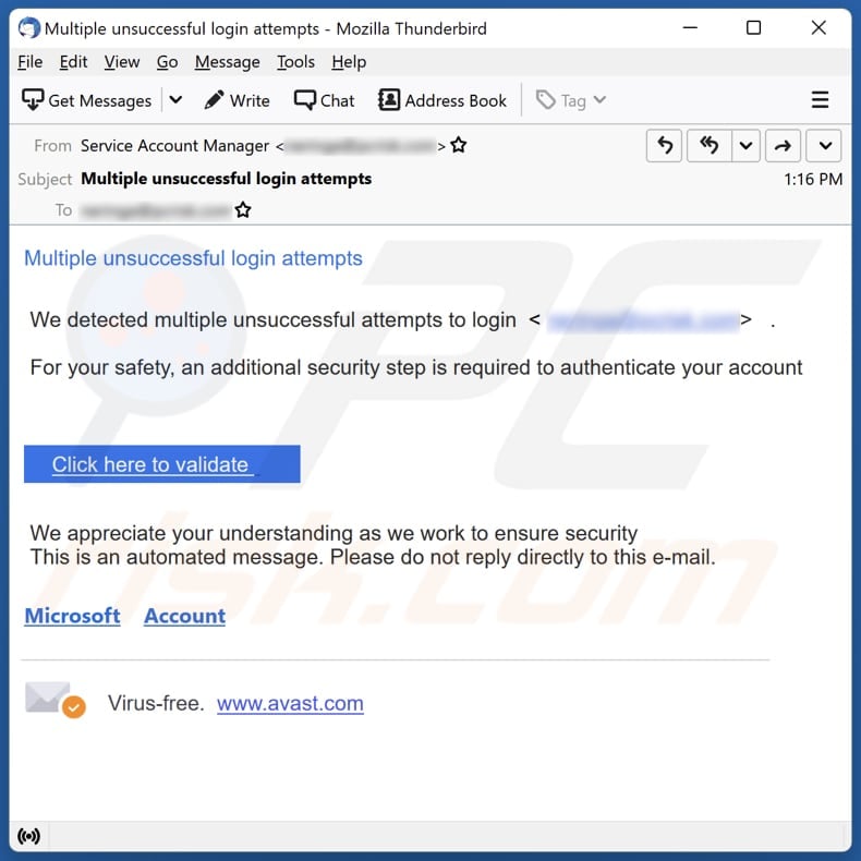 Multiple Unsuccessful Login Attempts email spam campaign