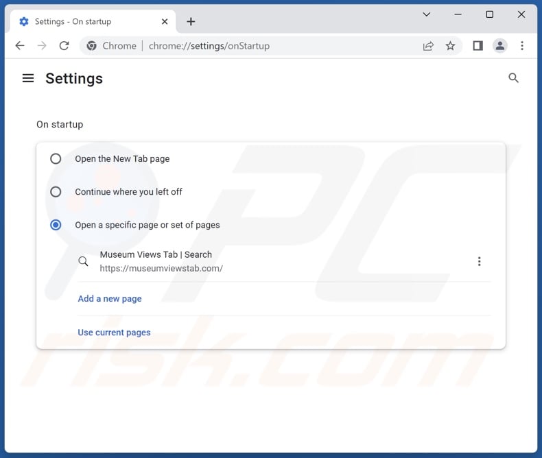 Removing museumviewstab.com from Google Chrome homepage