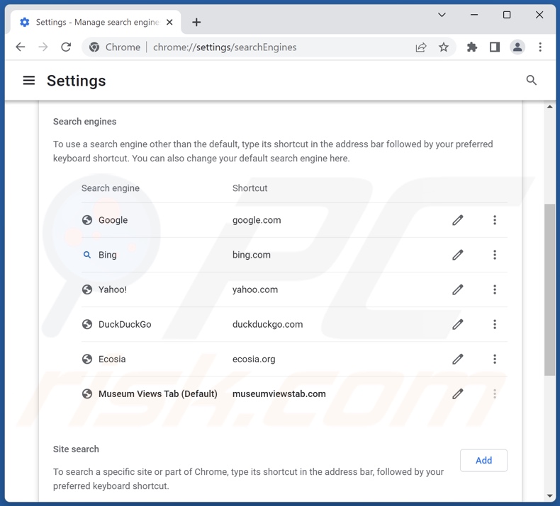 Removing museumviewstab.com from Google Chrome default search engine