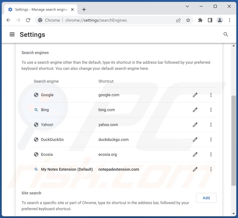 Removing notepadextension.com from Google Chrome default search engine