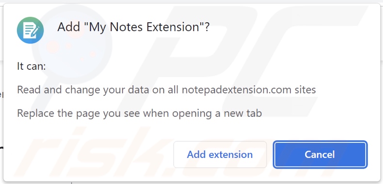 My Notes Extension browser hijacker asking for permissions