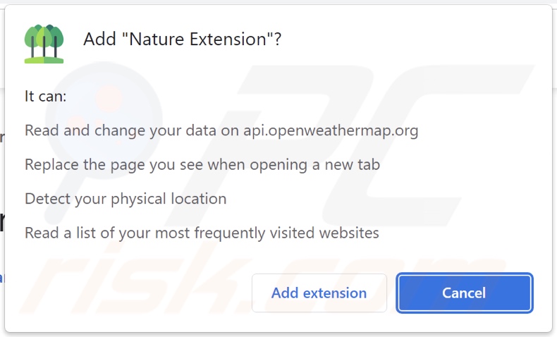 Nature Extension browser hijacker asking for permissions