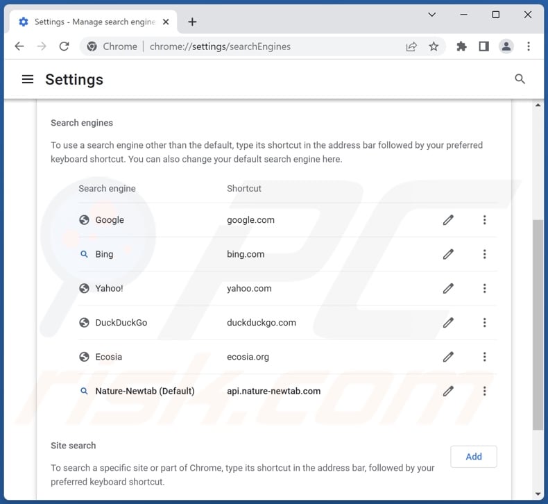 Removing api.nature-newtab.com from Google Chrome default search engine