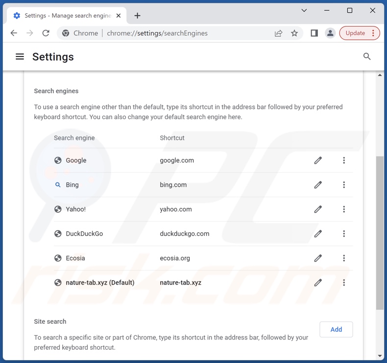 Removing nature-tab.xyz from Google Chrome default search engine