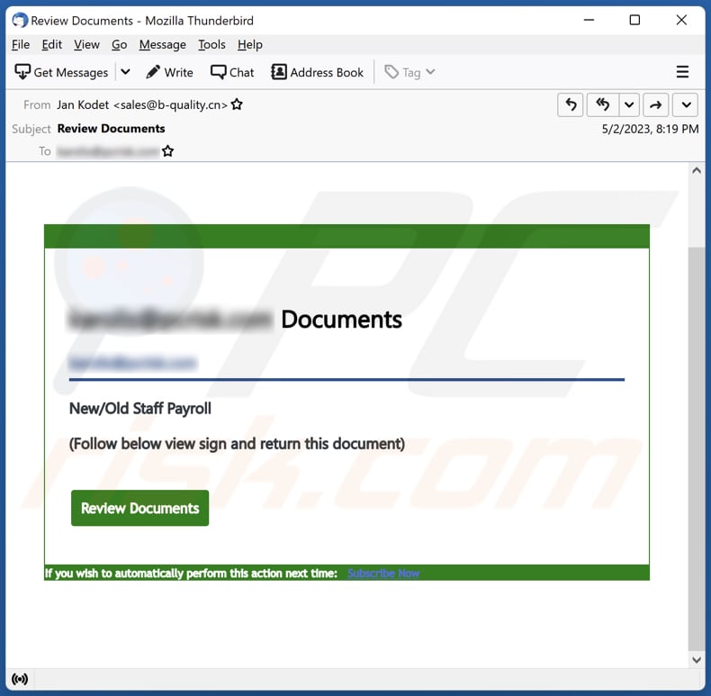 New/Old Staff Payroll email spam campaign