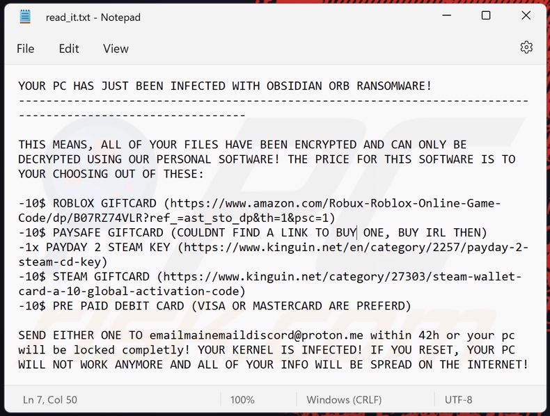 OBSIDIAN ORB ransomware ransom note (read_It.txt)