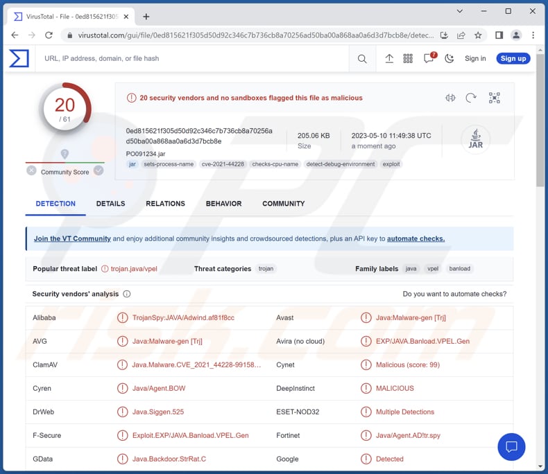 Detection names for the malicious JAR file in the Order Trial malspam campaign