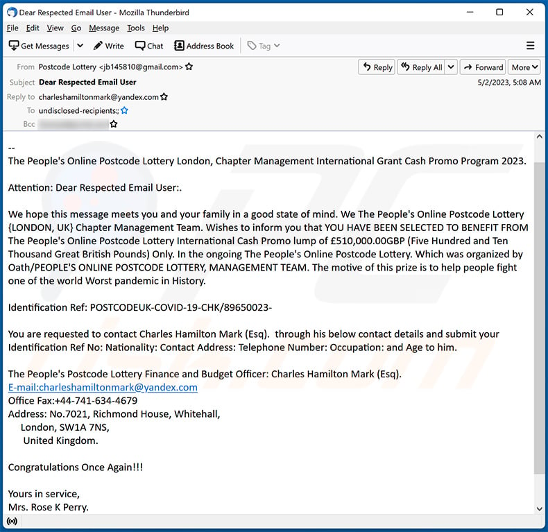 Peoples Postcode Lottery scam email (2023-05-03)