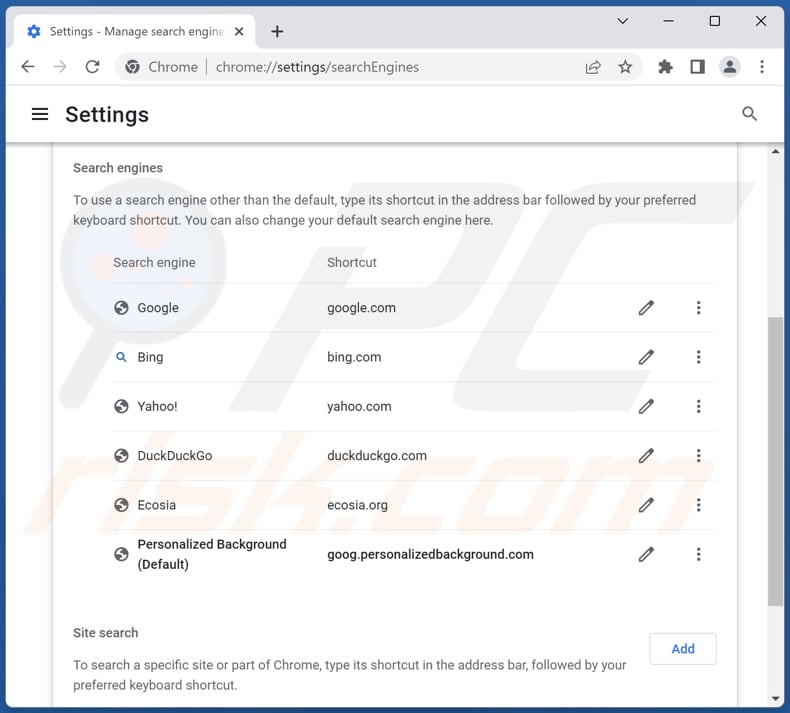 Removing goog.personalizedbackground.com from Google Chrome default search engine