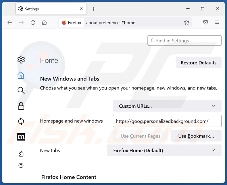 Removing goog.personalizedbackground.com from Mozilla Firefox homepage
