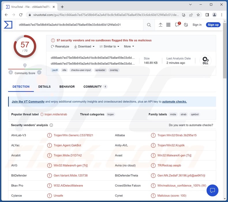 Pikabot malware detections on VirusTotal