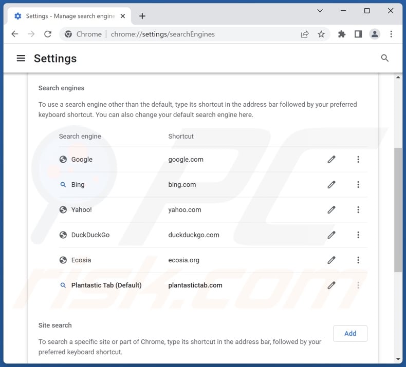 Removing plantastictab.com from Google Chrome default search engine