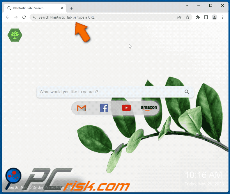 Plantastic Tab browser hijacker redirecting to Bing (GIF)