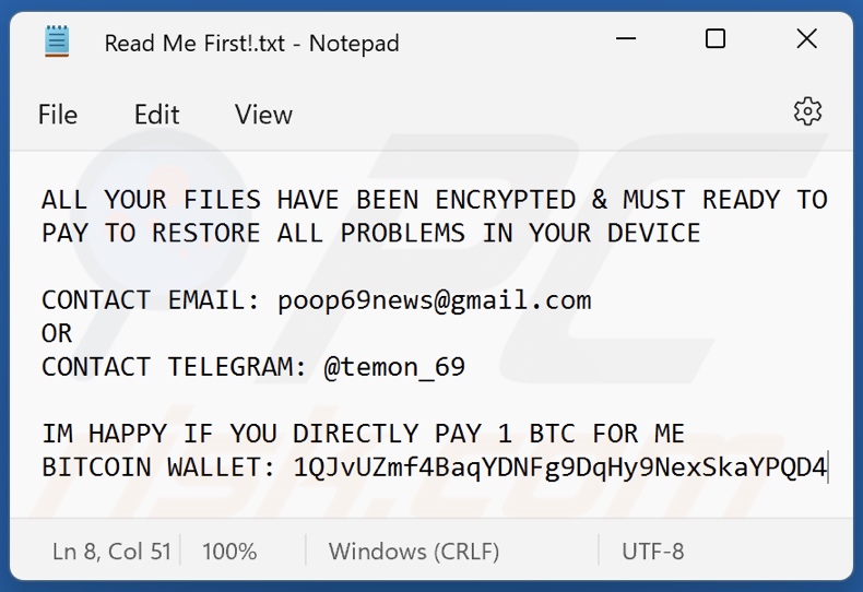 Poop69 ransomware ransom note (Read Me First!.txt)
