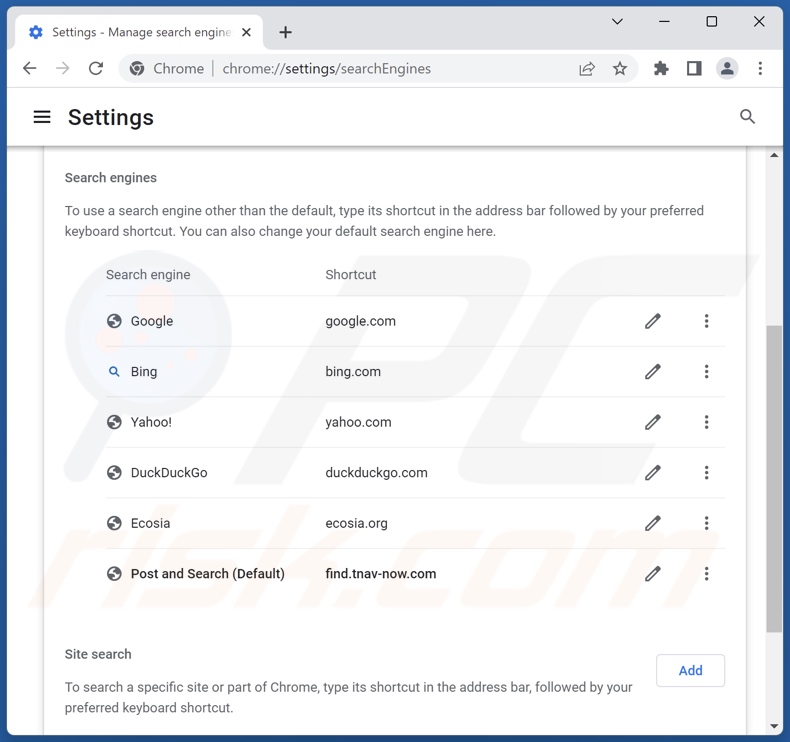 Removing find.tnav-now.com from Google Chrome default search engine
