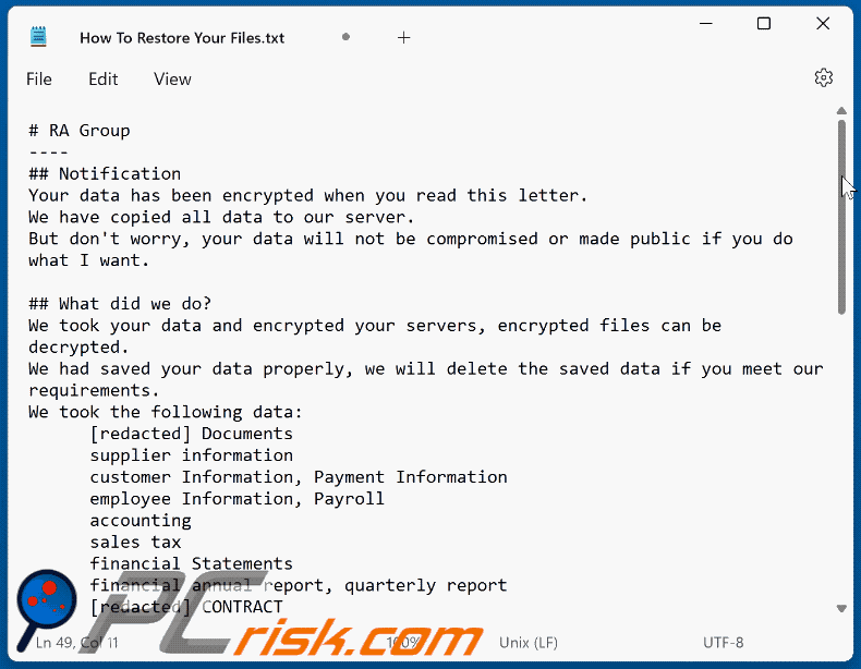 RA Group ransomware ransom note (How To Restore Your Files.txt)