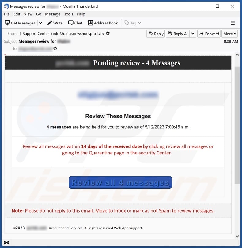 Review Pending Messages email spam campaign