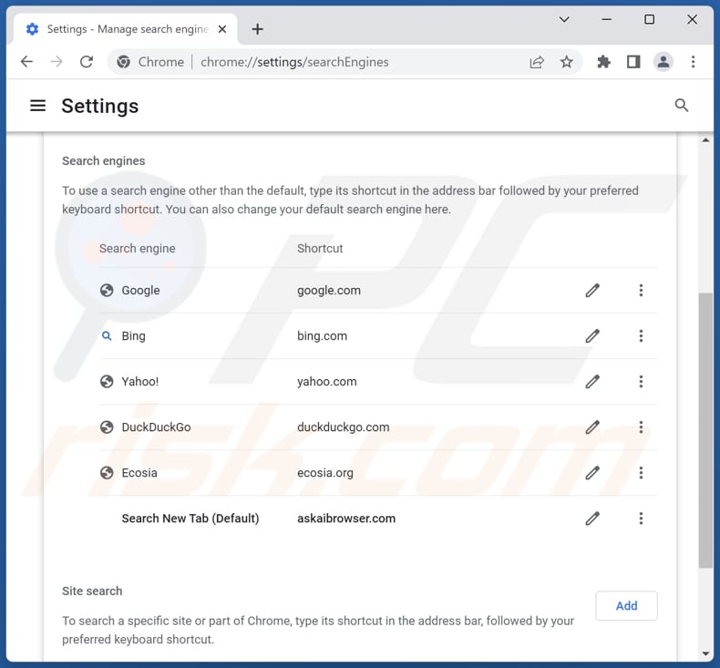 Removing askaibrowser.com from Google Chrome default search engine