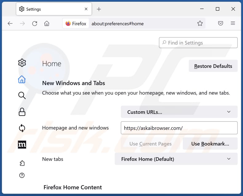 Removing askaibrowser.com from Mozilla Firefox homepage