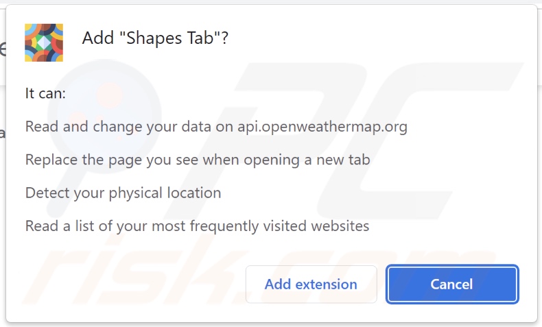 Shapes Tab browser hijacker asking for permissions
