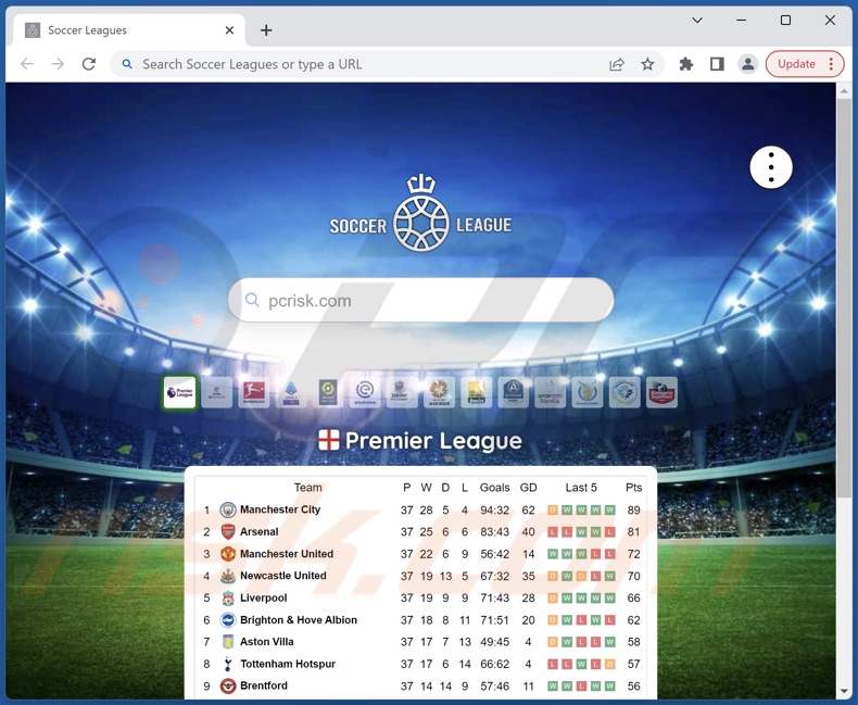 Soccer Leagues browser hijacker homepage