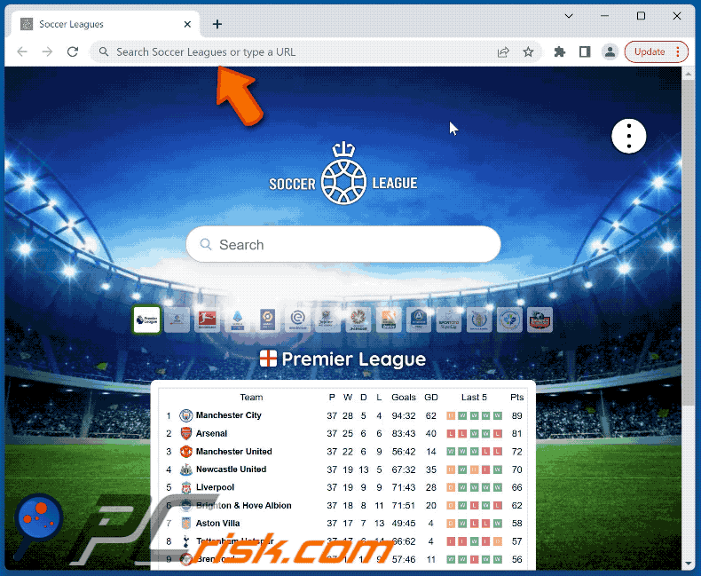 Soccer Leagues browser hijacker redirecting to Bing (GIF)