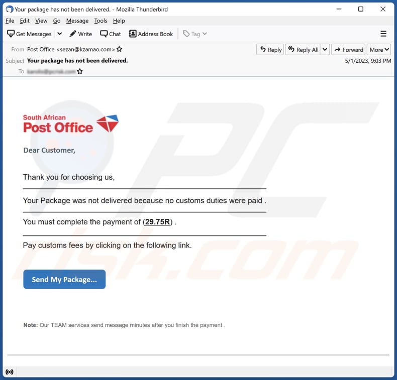 South African Post Office email spam campaign