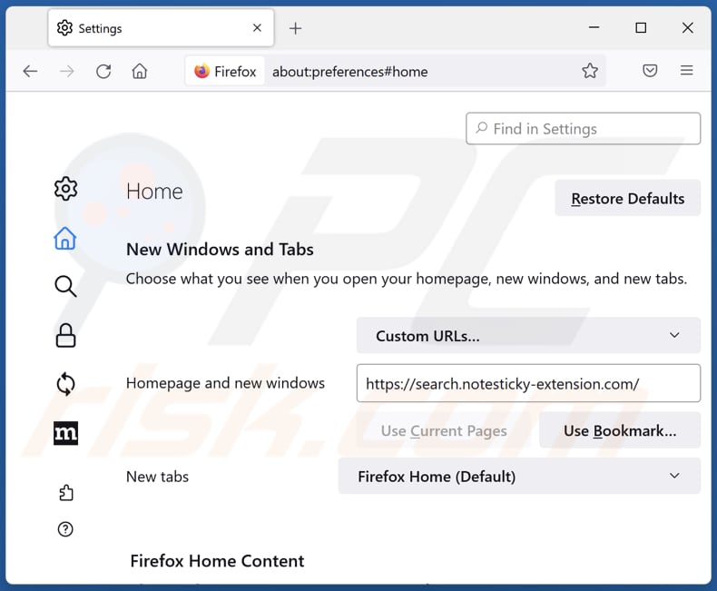 Removing search.notesticky-extension.com from Mozilla Firefox homepage