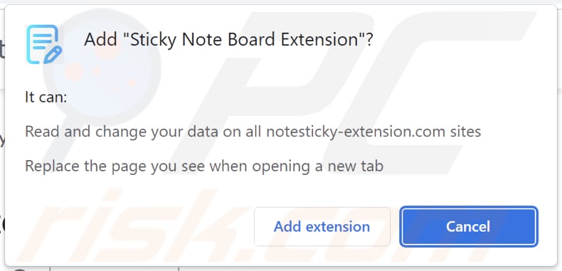 Sticky Note Board Extension browser hijacker asking for permissions