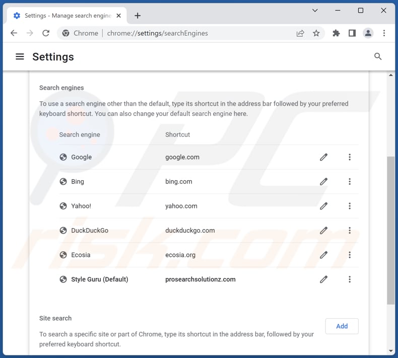 Removing prosearchsolutionz.com from Google Chrome default search engine