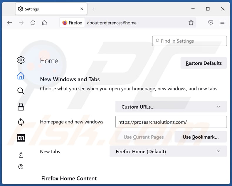 Removing prosearchsolutionz.com from Mozilla Firefox homepage