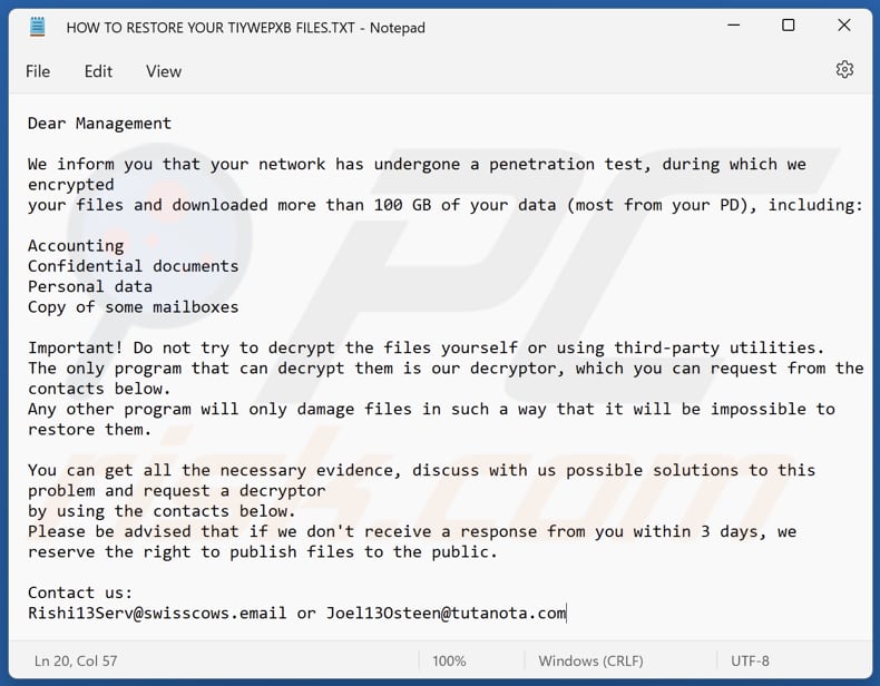 Tiywepxb ransomware text file (HOW TO RESTORE YOUR TIYWEPXB FILES.TXT)
