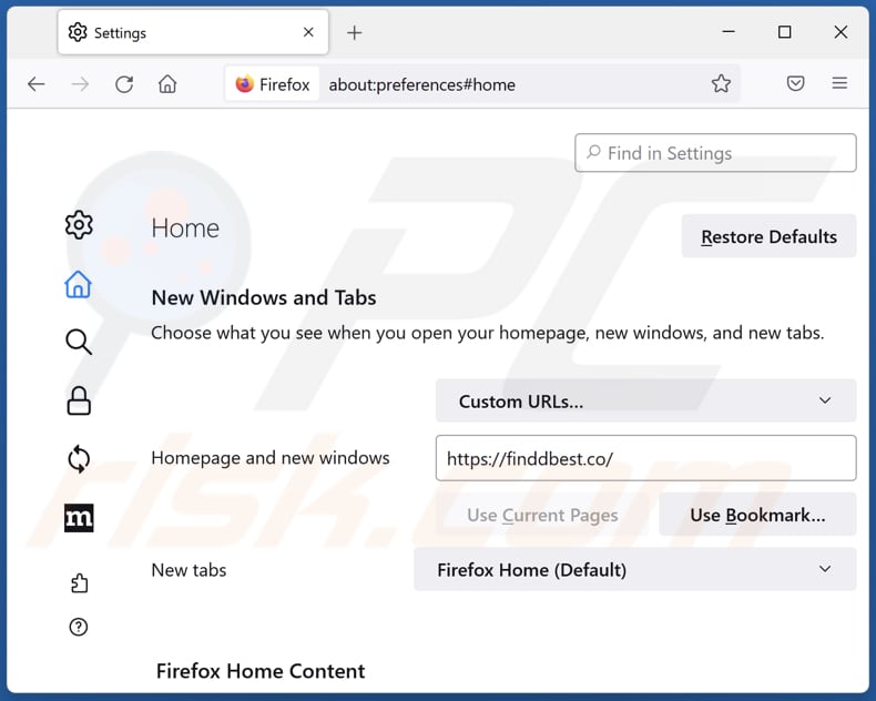 Removing finddbest.co from Mozilla Firefox homepage